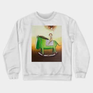 Child rides a green toy horse Crewneck Sweatshirt